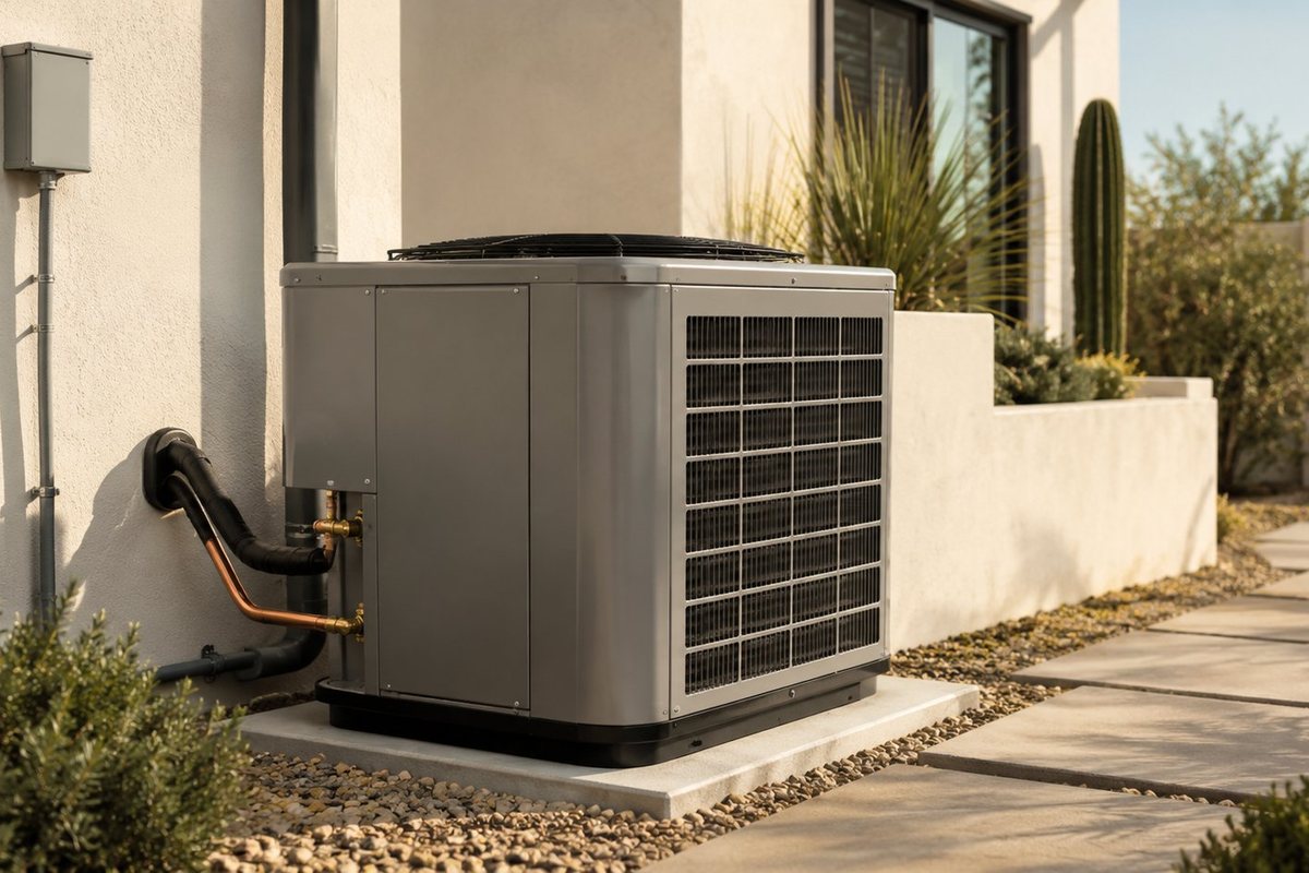 New high-efficiency AC condenser unit installed at a Phoenix home