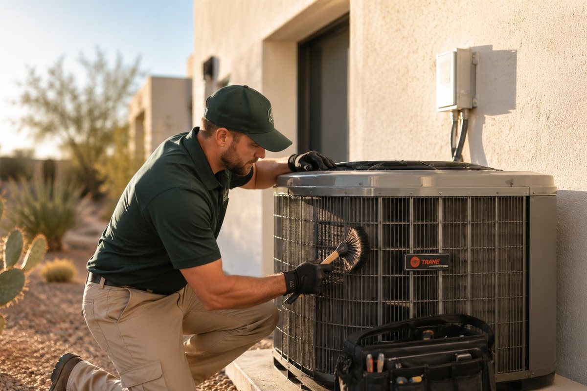 Technician performing an AC tune-up and coil cleaning in Phoenix