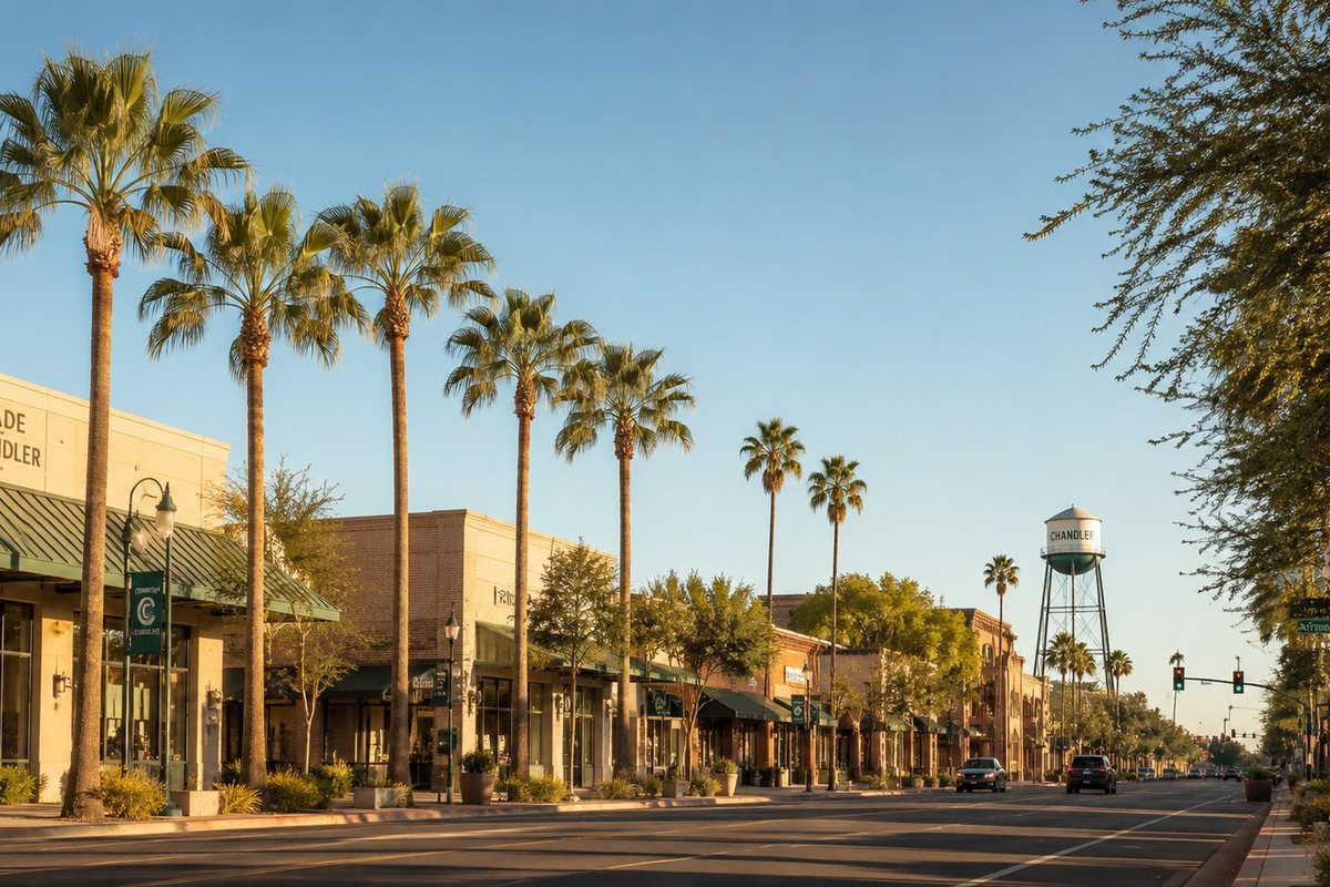 Palm-lined downtown Chandler street with the historic water tower, Arizona