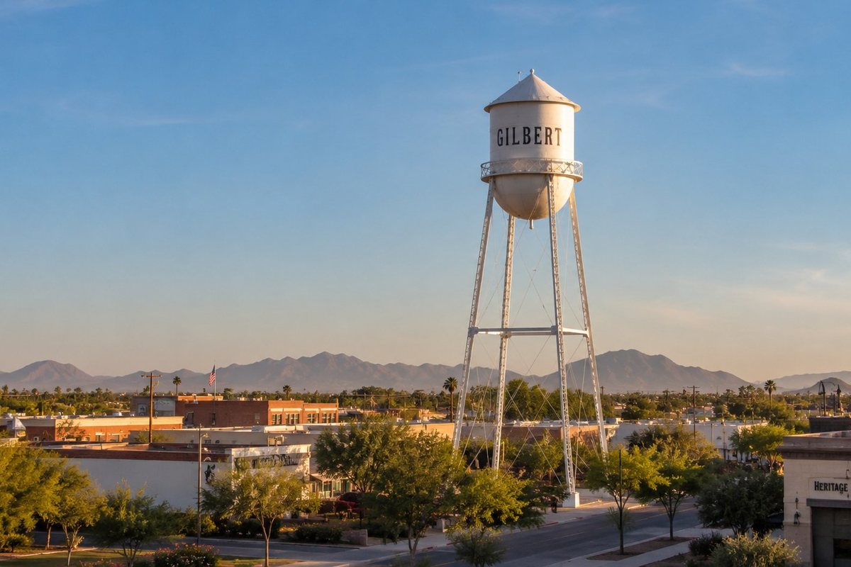 Historic Gilbert water tower above the Heritage District in Arizona