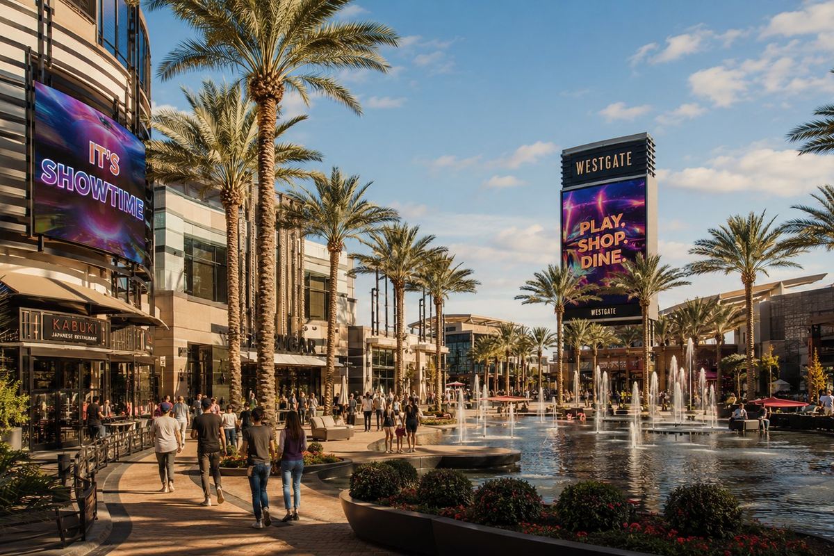 Westgate Entertainment District plaza with fountains in Glendale, Arizona