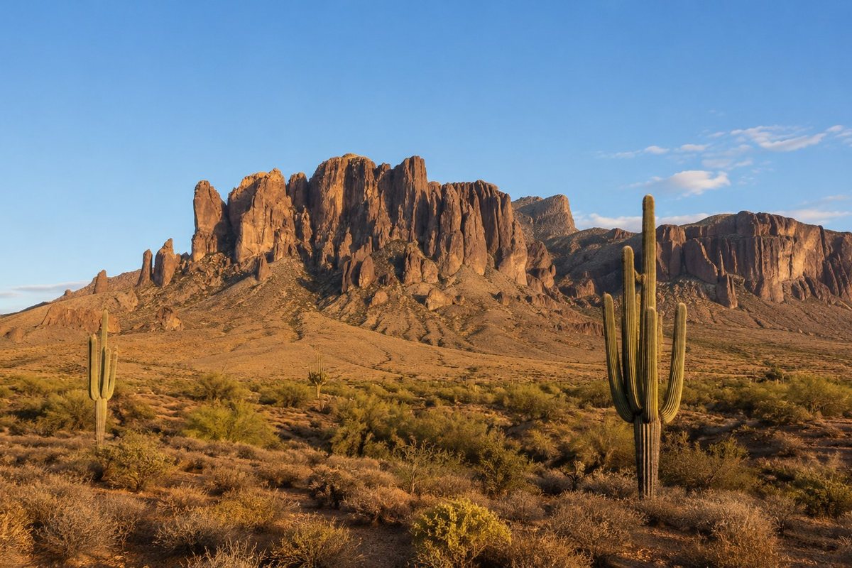 Superstition Mountains and saguaro cactus near Mesa, Arizona