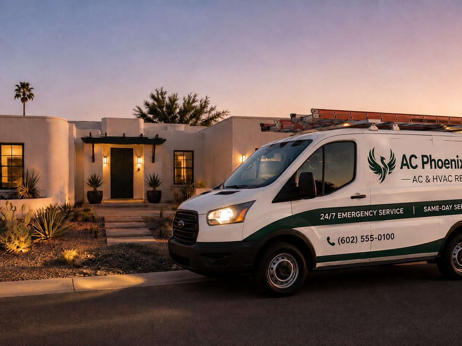 AC Phoenix Pros branded service van parked outside a Phoenix home at dusk