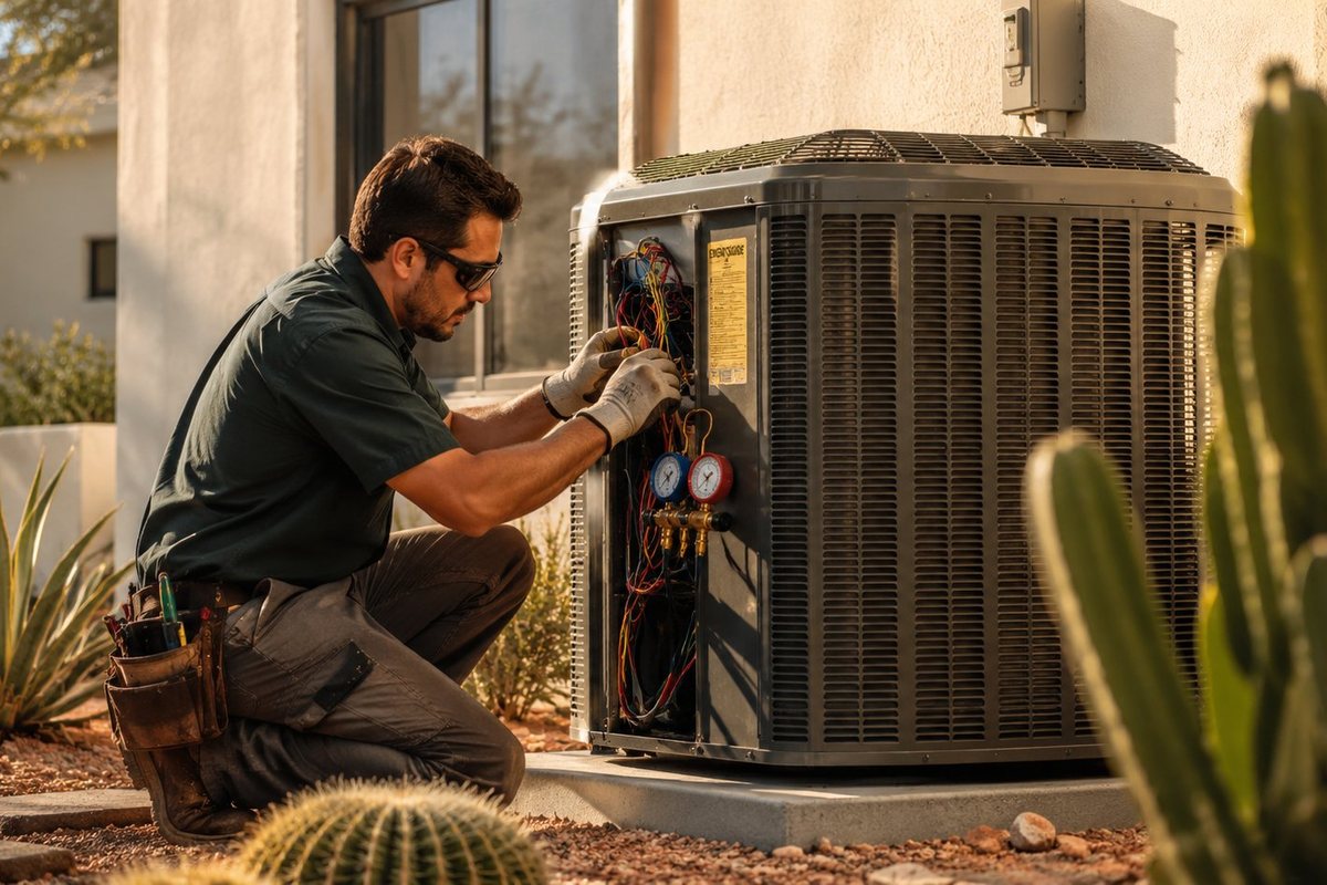 Technician repairing a residential air conditioner in Phoenix, Arizona