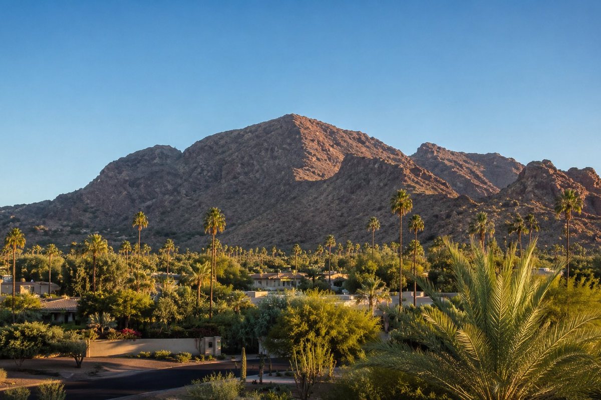 Camelback Mountain rising above a Scottsdale neighborhood in Arizona