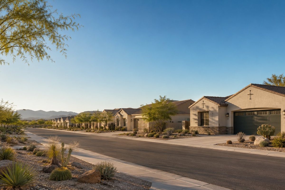 Desert suburban street of homes with mountain backdrop in Surprise, Arizona
