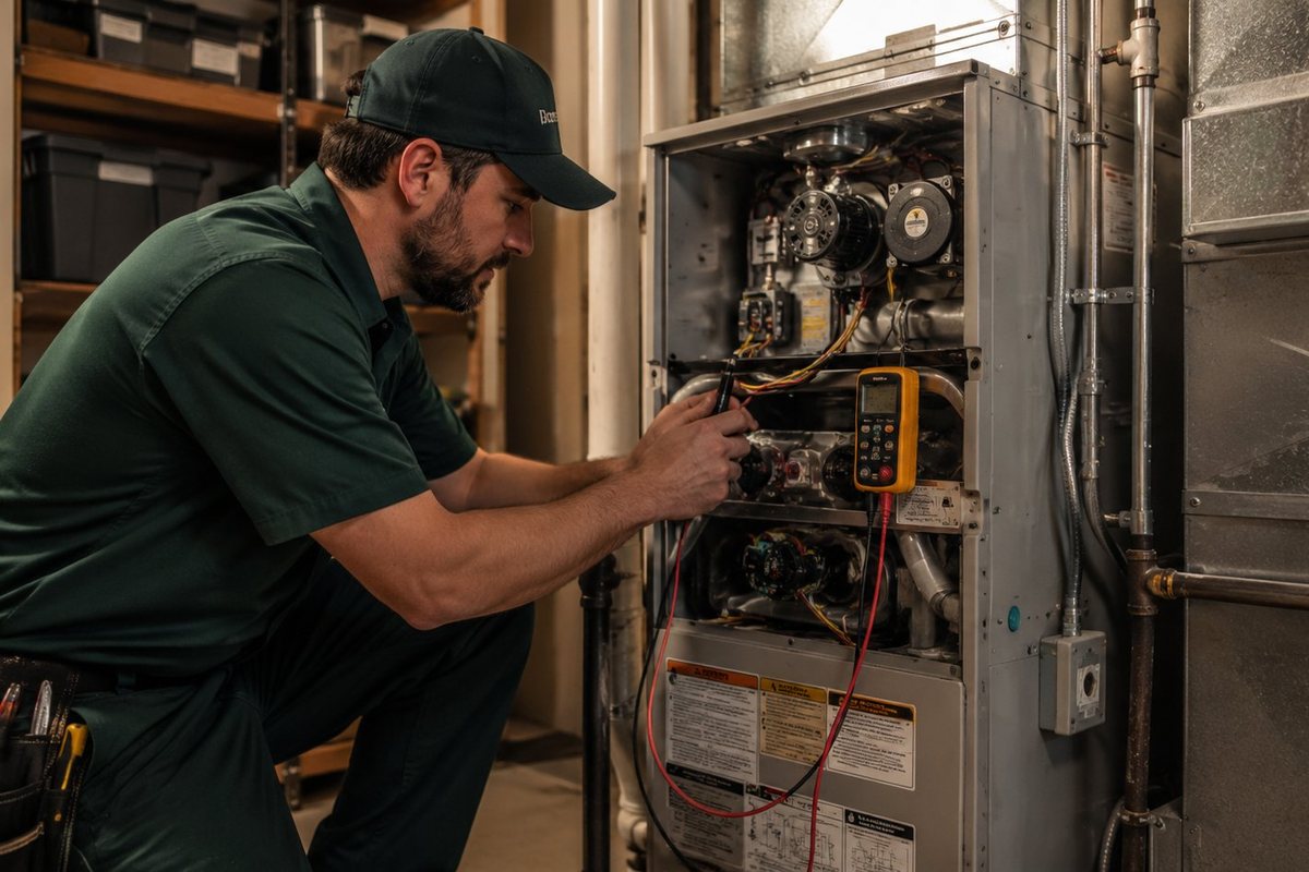 Technician servicing a home furnace during a heating repair in Phoenix