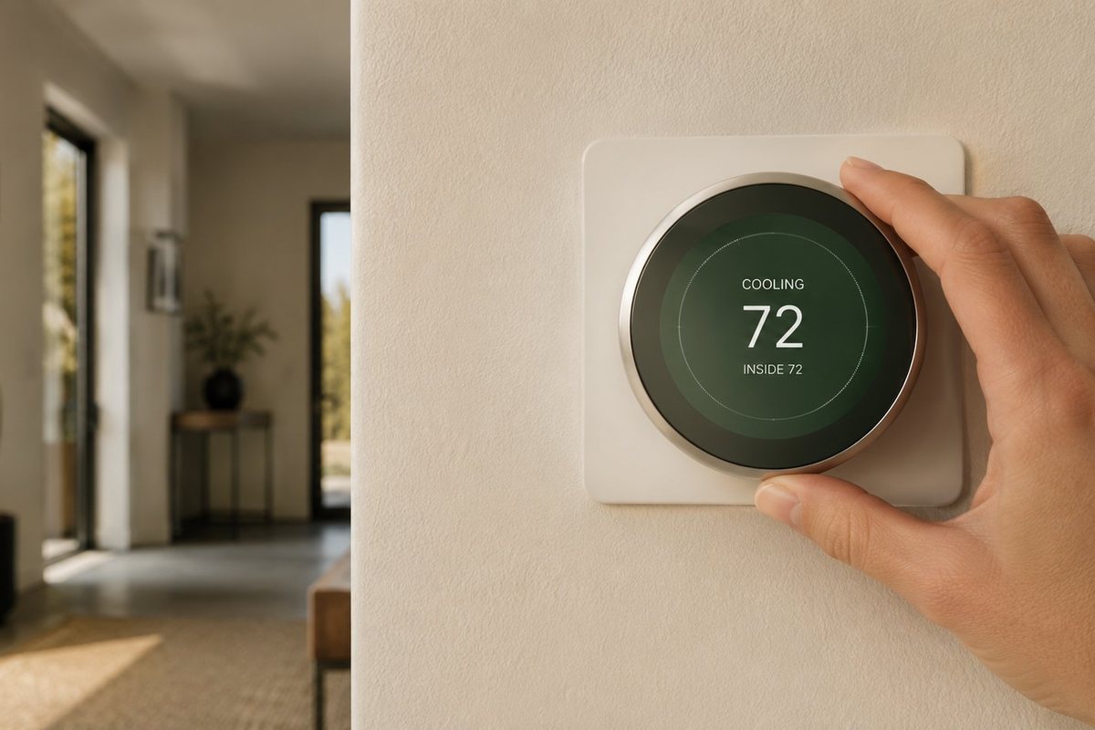 Hand adjusting a smart home thermostat set to cooling at 72 degrees