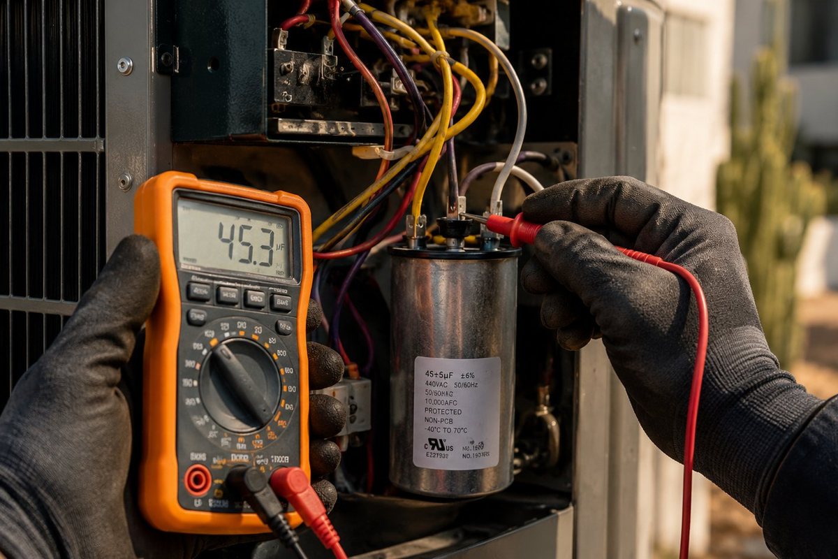 Technician measuring an AC capacitor with a multimeter during a diagnostic